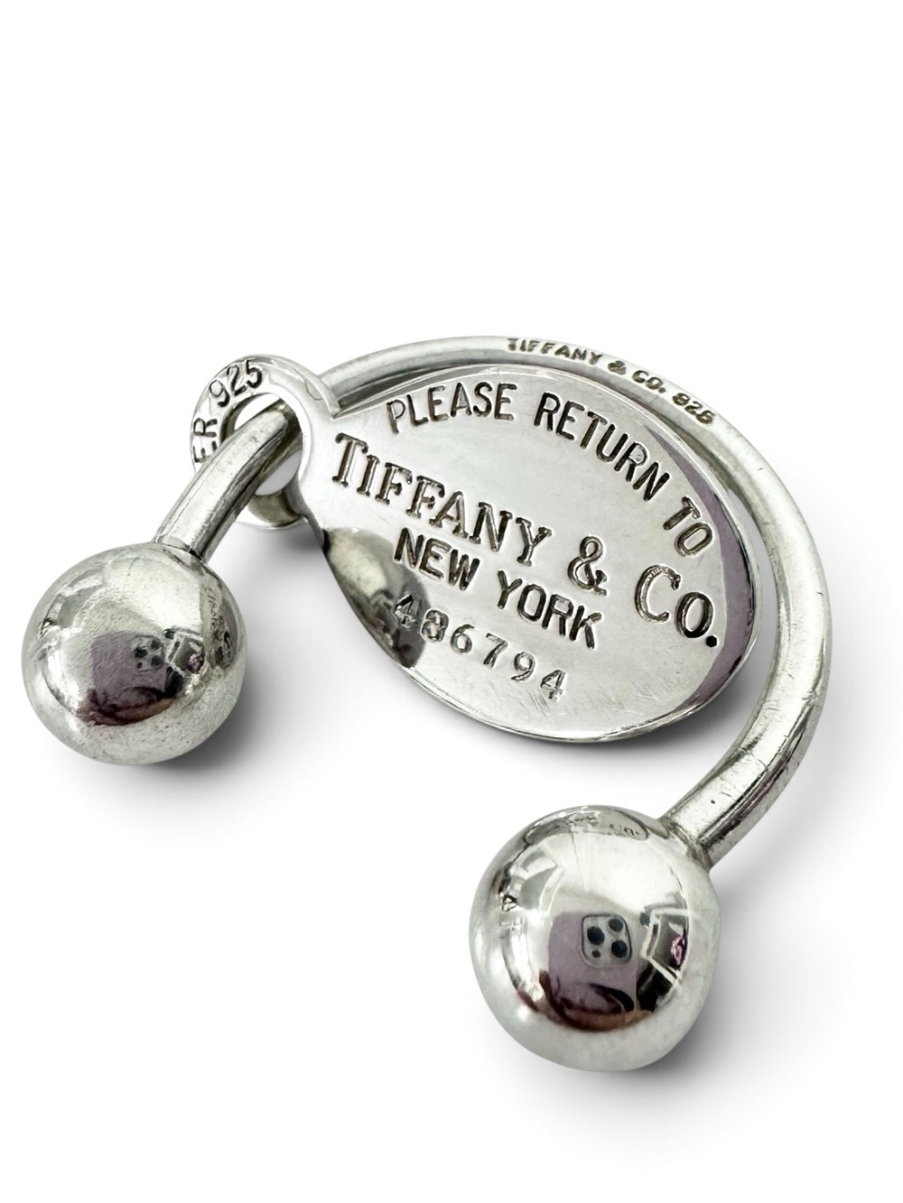 Tiffany & Co. Engraved 925 Silver Ball Keychain with Engraved Return To Charm - Picture 1 of 13